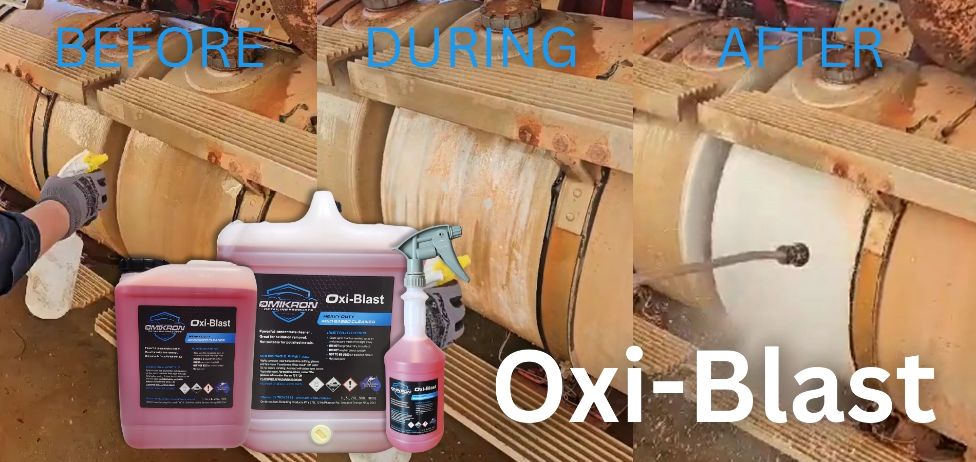 Omikron Oxiblast Before, During after cleaning oxidised truck tanks
